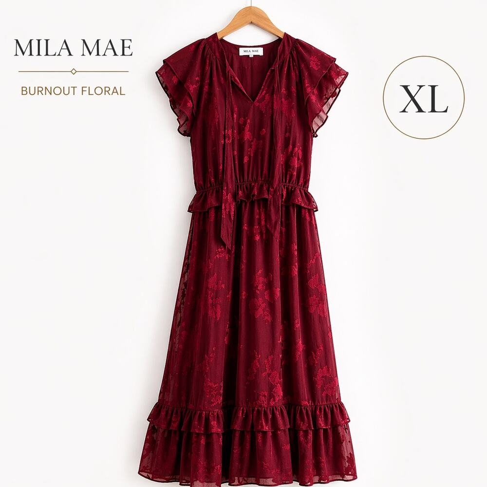 Mila Mae Burnout Floral Maxi Dress XL Red Ruffle Hem Flutter Sleeve